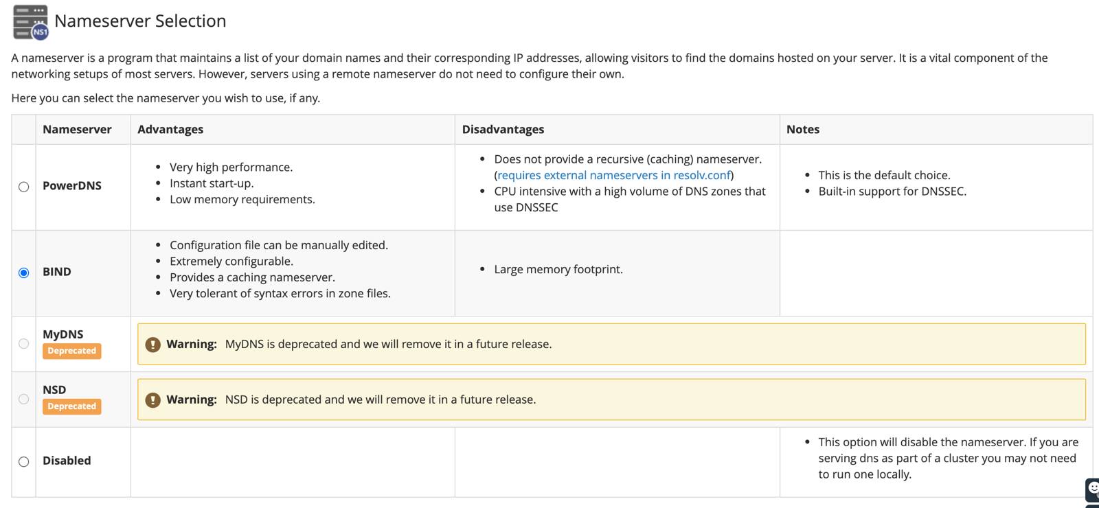 cPanel Nameserver selection screen.